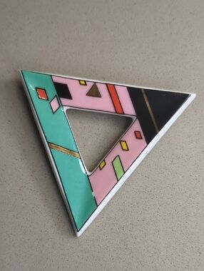 Vintage 80s Rosenthal Studio Porcelain Brooch Triangle Barbara Brenner Signed